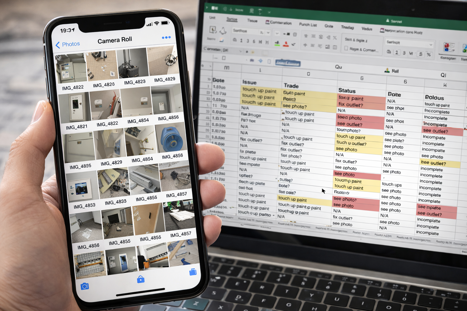 A superintendent's phone camera roll overflowing with 80+ unlabeled construction photos next to a spreadsheet — the manual photo-to-row matching problem that eats hours every week