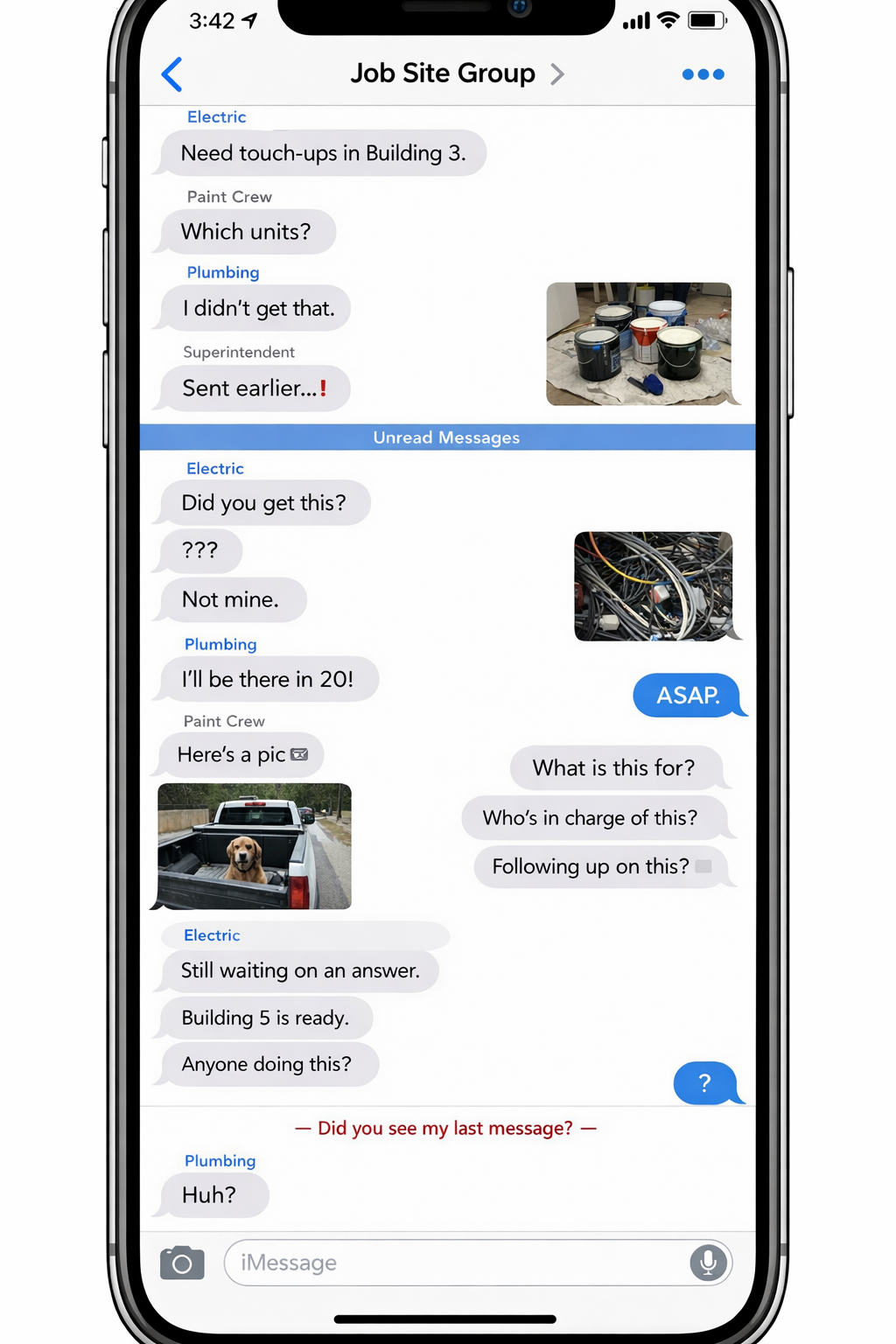 Chaotic text message thread between a superintendent and subcontractors — buried punch list items, unclear assignments, missed follow-ups, and no confirmation of completion