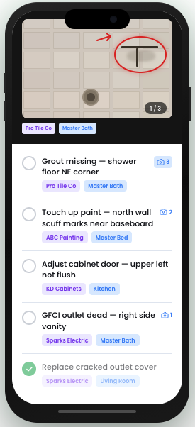 PunchOutPro mobile interface showing punch item capture with photo attachments