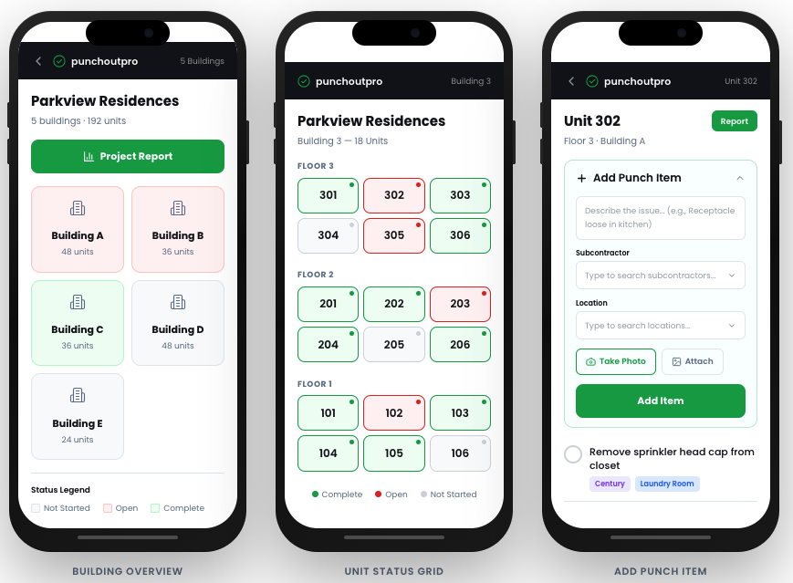 PunchOutPro mobile app showing three screens: building overview with 5 buildings and 192 units, unit status grid with color-coded completion, and the add punch item form with photo capture